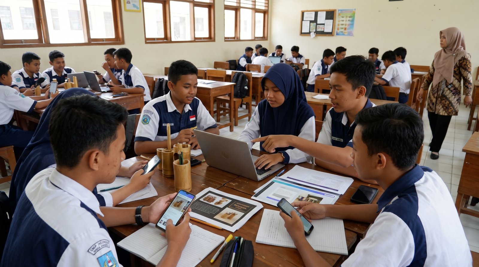 Foto 2 — Integrasi Komunikasi Multimodal: Menggabungkan Papan Interaktif Digital dan Demonstrasi Fisik pada Presentasi Kerajinan Bahan Keras