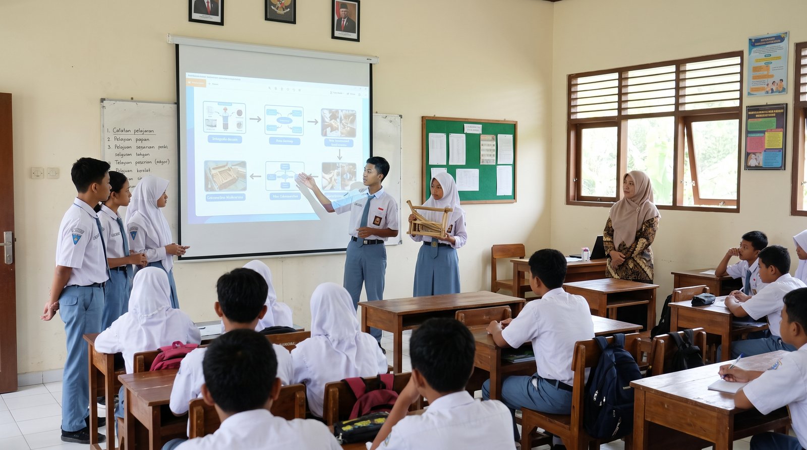 Foto 3 — Integrasi Komunikasi Multimodal: Menggabungkan Papan Interaktif Digital dan Demonstrasi Fisik pada Presentasi Kerajinan Bahan Keras