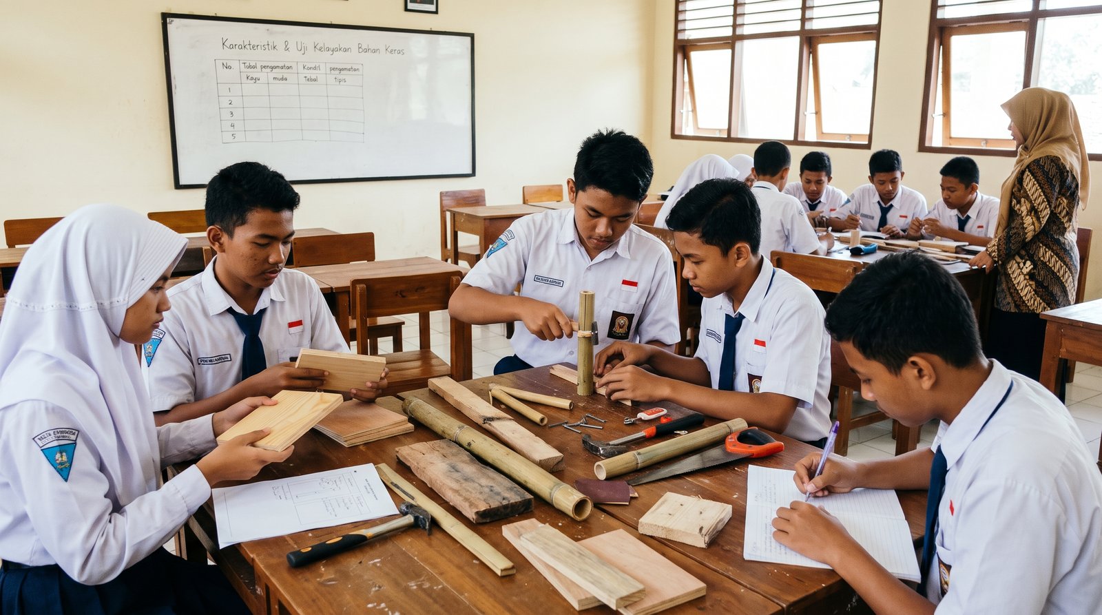 Foto 3 — Menguji Material dan Mengambil Keputusan: Eksperimen Kelayakan Bahan Baku pada Proyek Kerajinan Bahan Keras