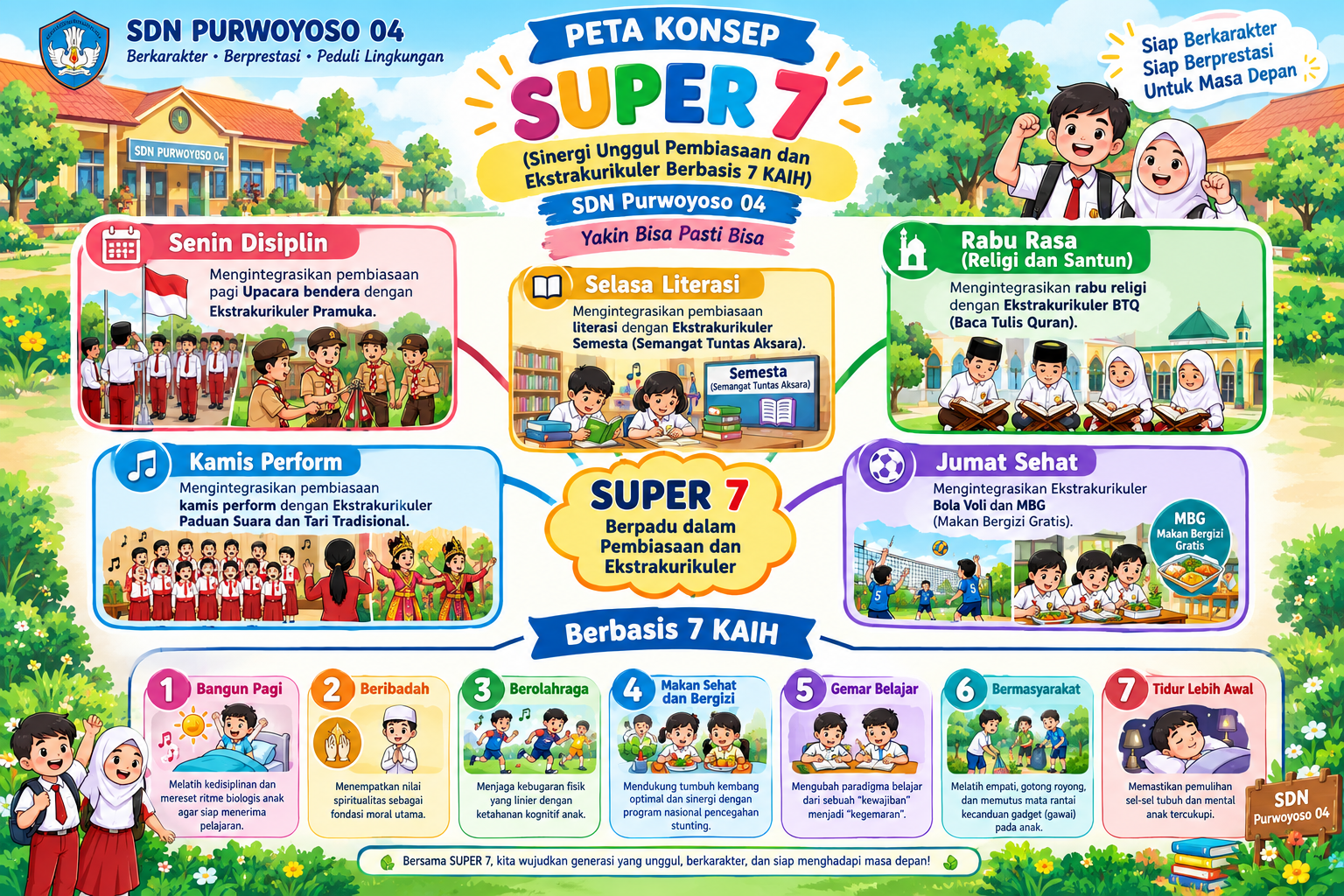 SUPER 7 (Sinergi Unggul Pembiasaan dan Ekstrakurikuler Berbasis 7 KAIH)  Praktik Baik Kepemimpinan Transformatif di SDN Purwoyoso 04